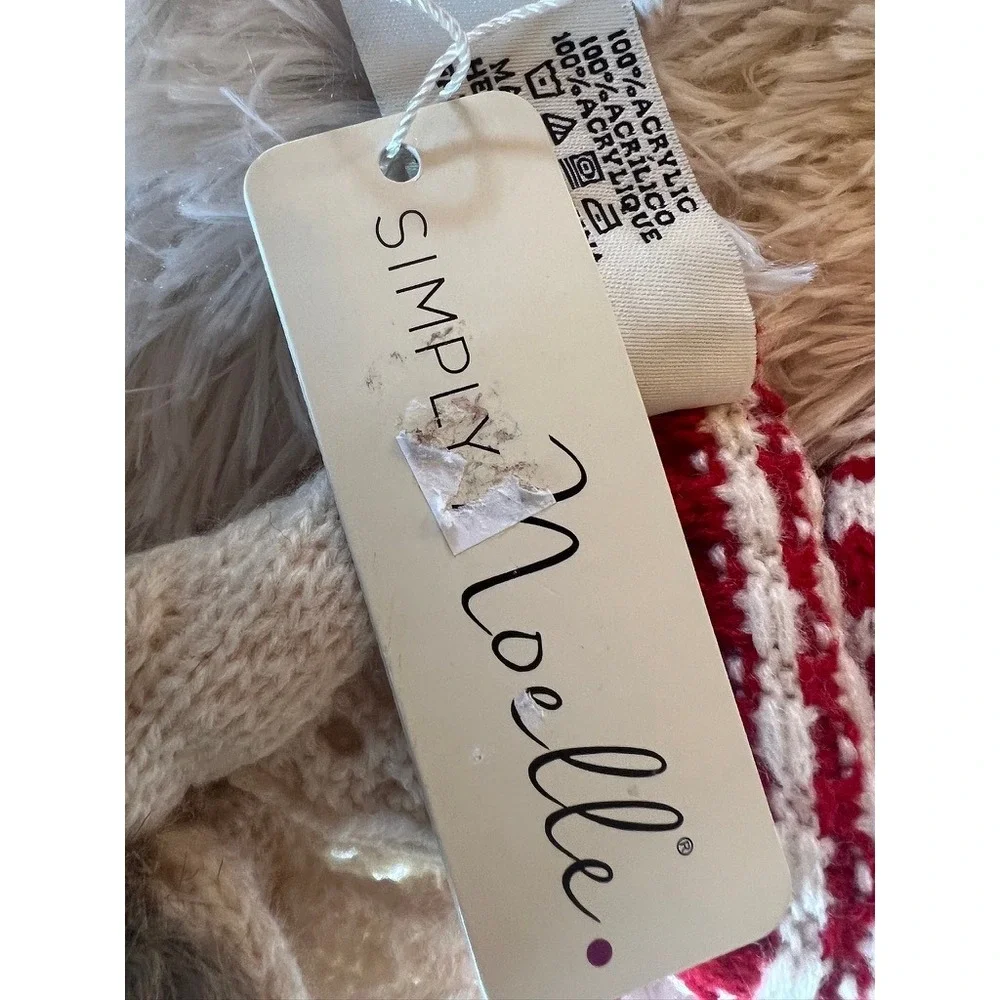Noelle Knit Scarf OS Red Cream Striped Nordic Alpine Pointelle Faux Fur Pom Poms